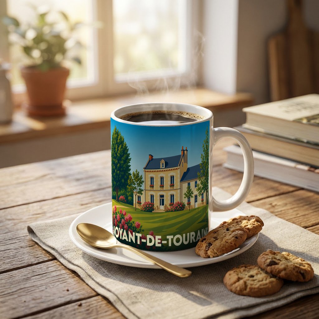 Mug souvenir de la ville de Noyant-de-Touraine illustré d'un manoir entouré de jardins.