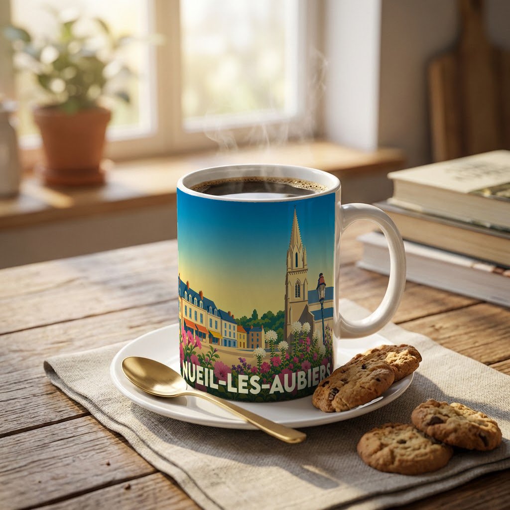 Mug souvenir de la ville de Nueil-les-Aubiers avec une illustration colorée et stylisée de son architecture.