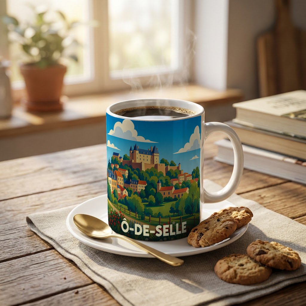 Mug souvenir de la ville de Ô-de-Selle avec une illustration colorée et stylisée de son château.