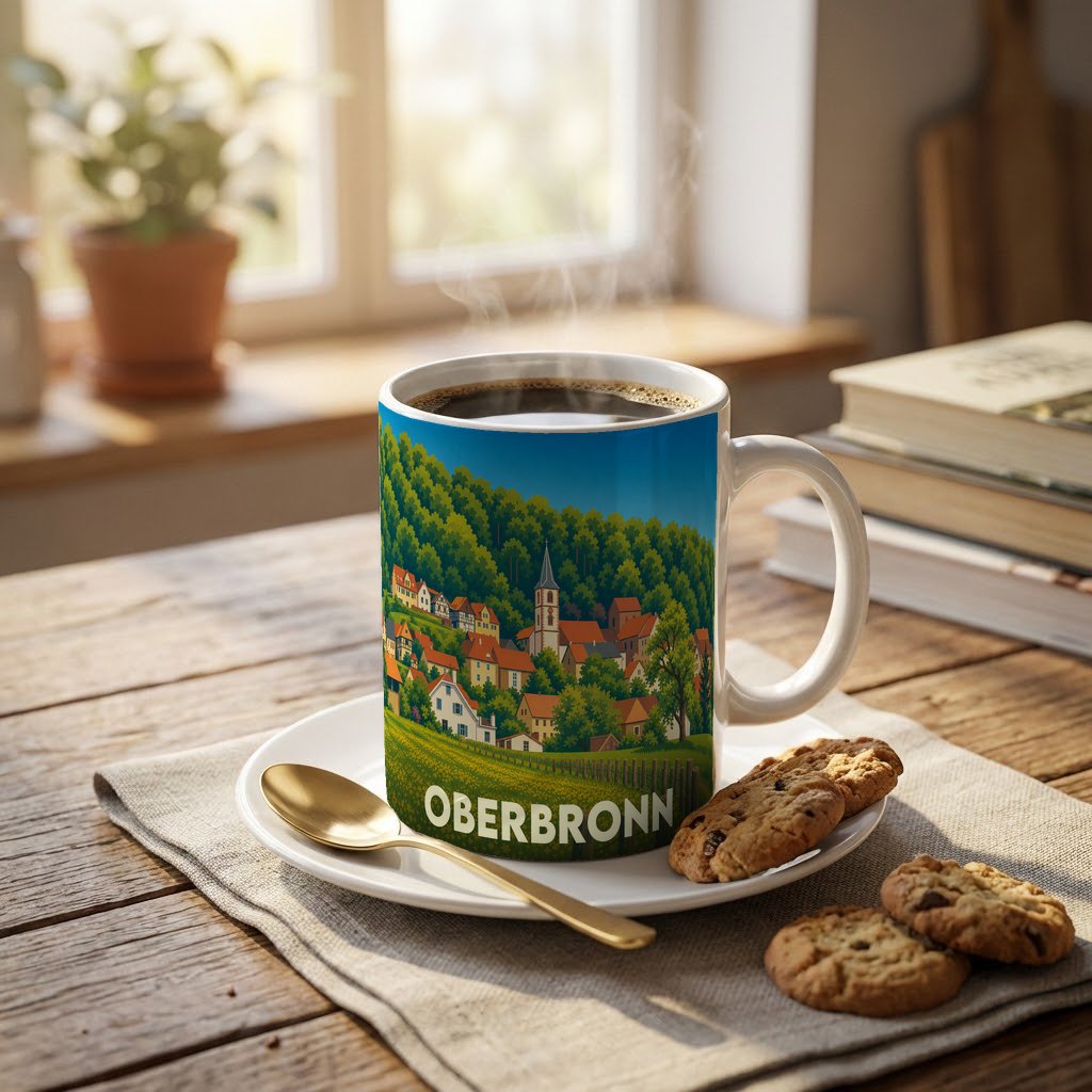 Mug souvenir de la ville d'Oberbronn avec une illustration stylisée d'un village alsacien.