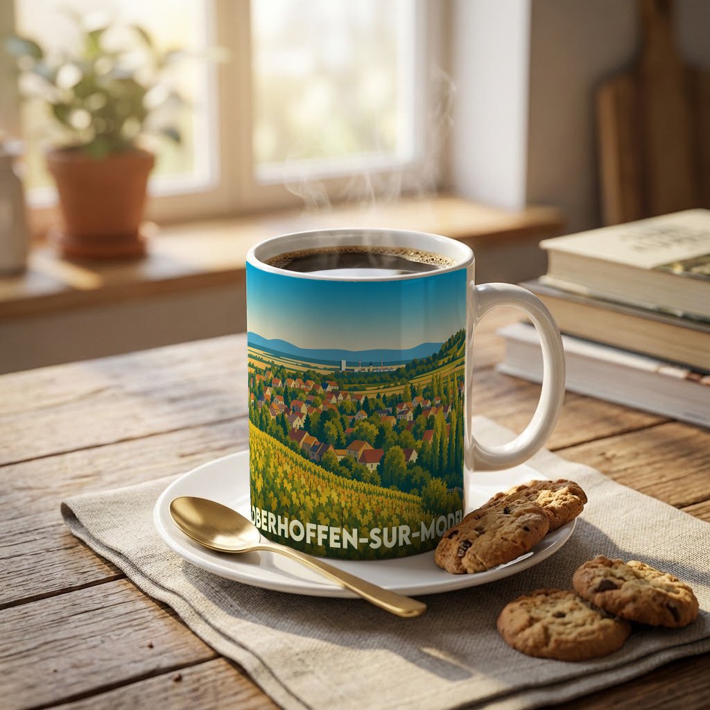 Mug souvenir de la ville d'Oberhoffen-sur-Moder avec une illustration stylisée de son paysage champêtre.