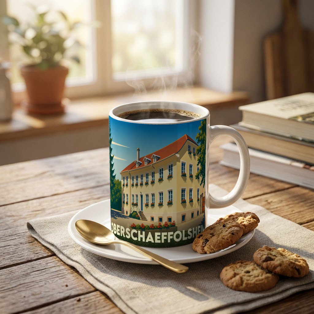 Mug souvenir de la ville d'Oberschaeffolsheim avec une illustration stylisée d'un bâtiment traditionnel.