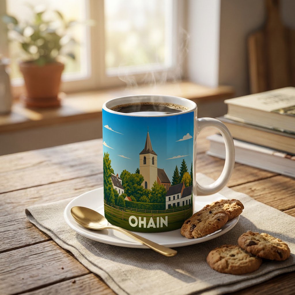 Mug souvenir de la ville d'Ohain orné d'une illustration stylisée de son église et de ses maisons.
