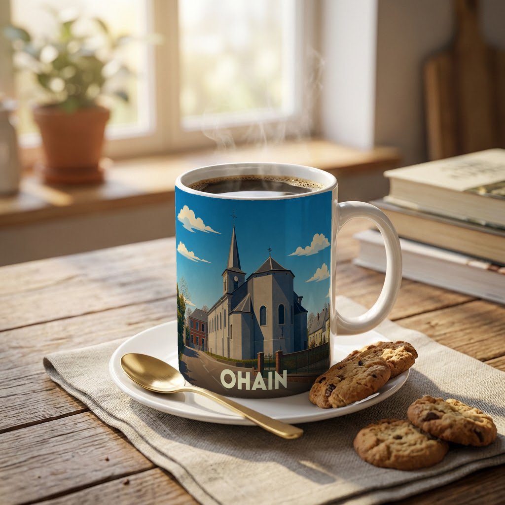 Mug souvenir de la ville d'Ohain avec une illustration stylisée de son église sous un ciel bleu.