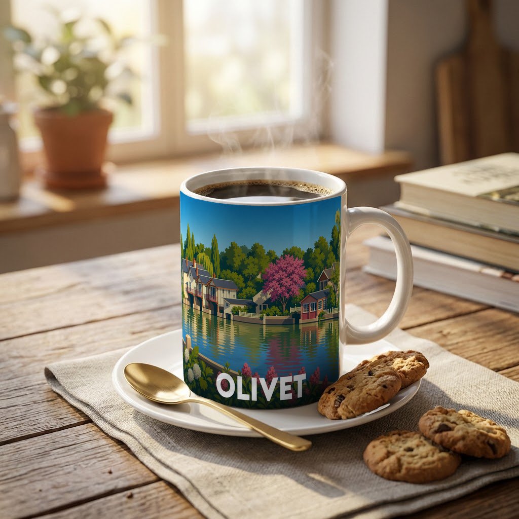 Mug souvenir de la ville d'Olivet avec une illustration stylisée de ses bords de l'eau.