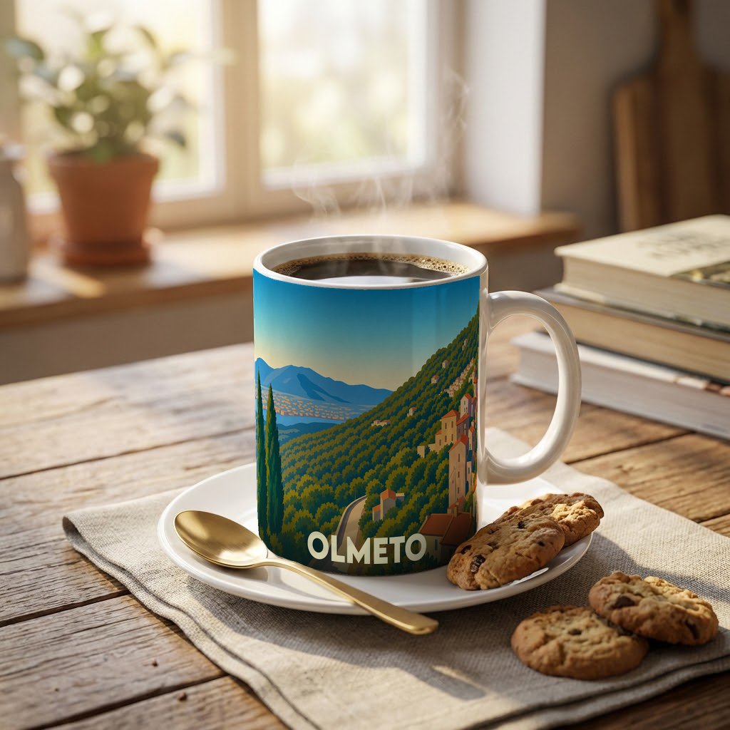Mug souvenir de la ville d'Olmeto avec une illustration stylisée d'un paysage corse.