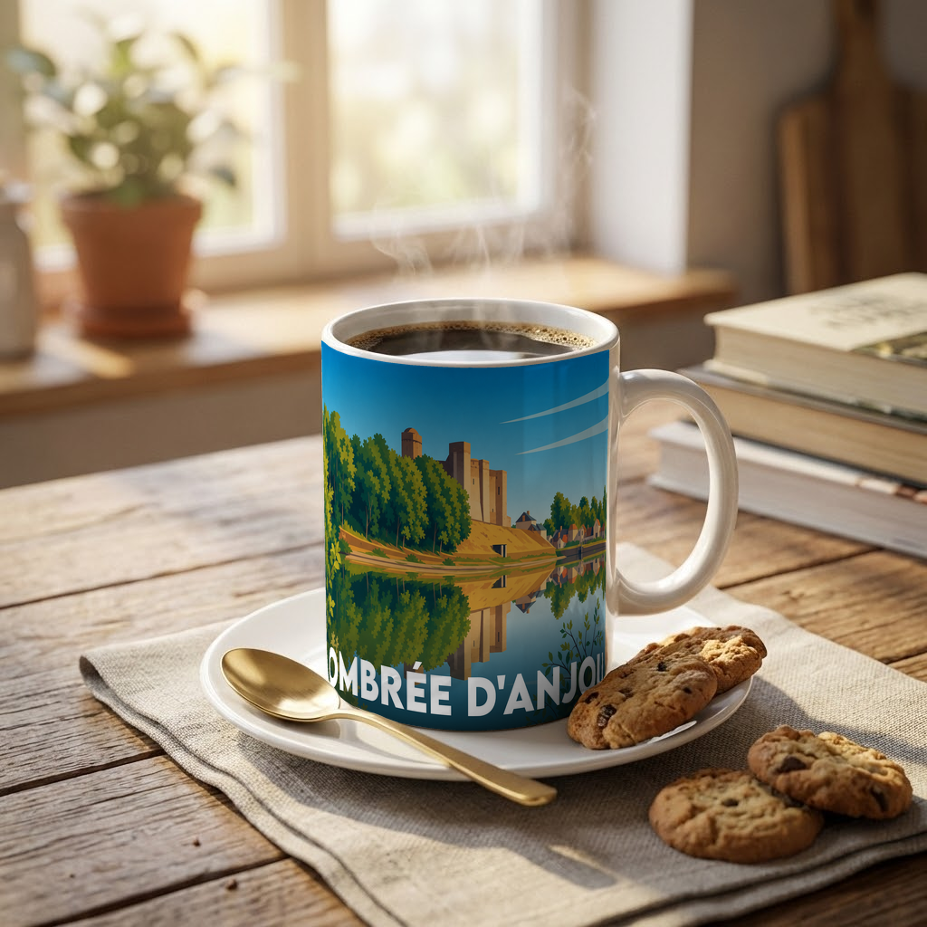 Mug souvenir de la ville d'Ombrée d'Anjou illustré d'un paysage stylisé avec château et rivière.