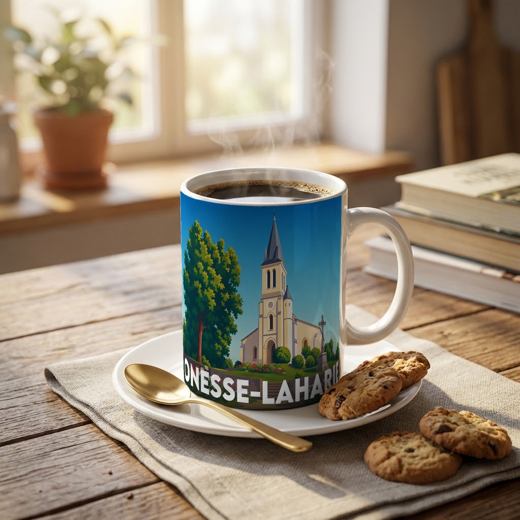 Mug souvenir de la ville d'Onesse-Laharie avec une illustration stylisée.