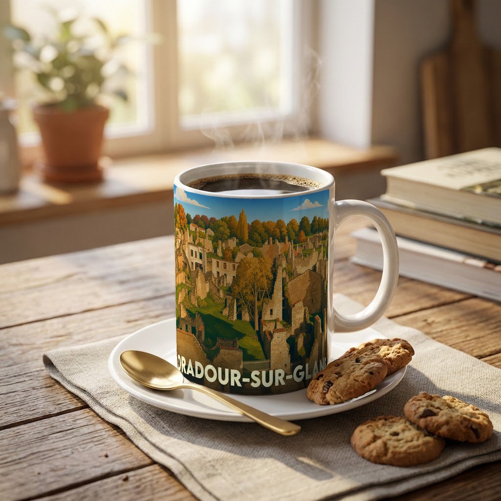 Mug souvenir de la ville d'Oradour-sur-Glane avec une illustration stylisée de ses ruines historiques.