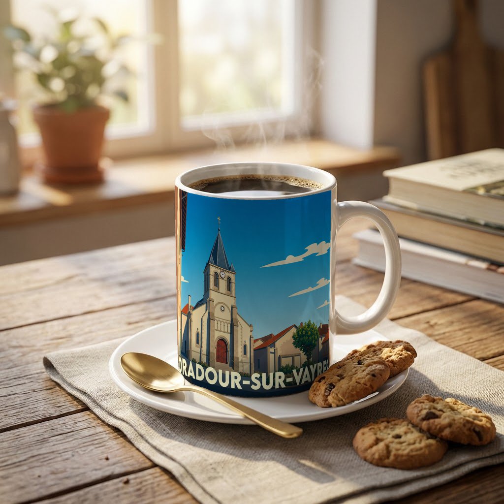 Mug souvenir de la ville d'Oradour-sur-Vayres avec une illustration stylisée de son église.