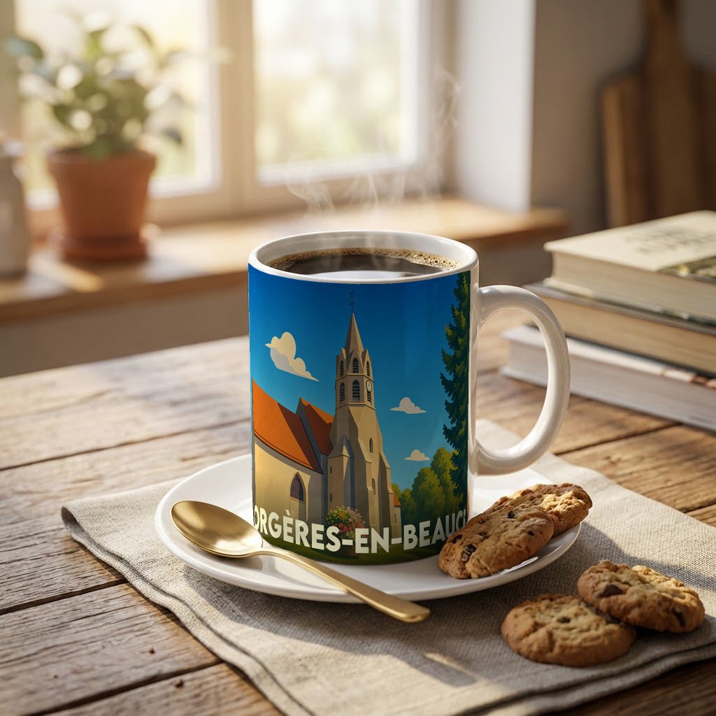 Mug souvenir de la ville d'Orgères-en-Beauce avec une illustration stylisée de son église.