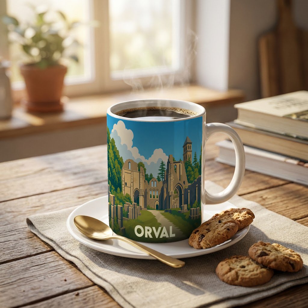 Mug souvenir de la ville de Orval orné d'une illustration stylisée de son abbaye en ruines.