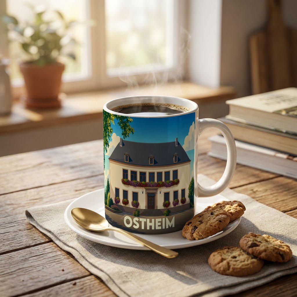 Mug souvenir de la ville d'Ostheim orné d'une illustration stylisée d'un bâtiment traditionnel.