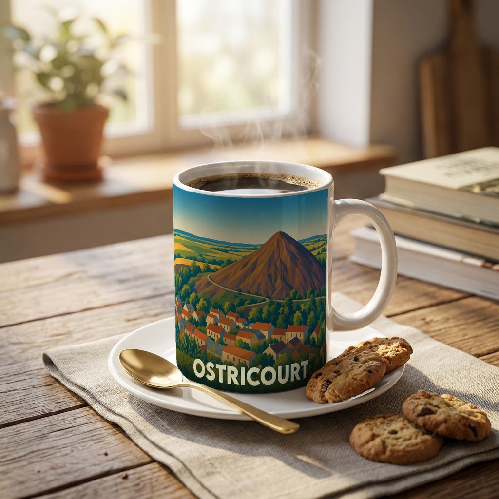 Mug souvenir de la ville d'Ostricourt illustré d'un paysage stylisé avec un terril et des habitations.