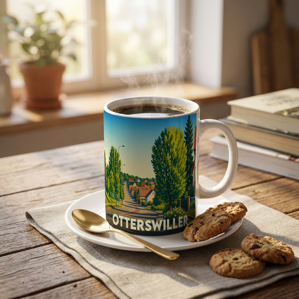 Mug souvenir de la ville d'Otterswiller avec une illustration stylisée d'un paysage urbain verdoyant.