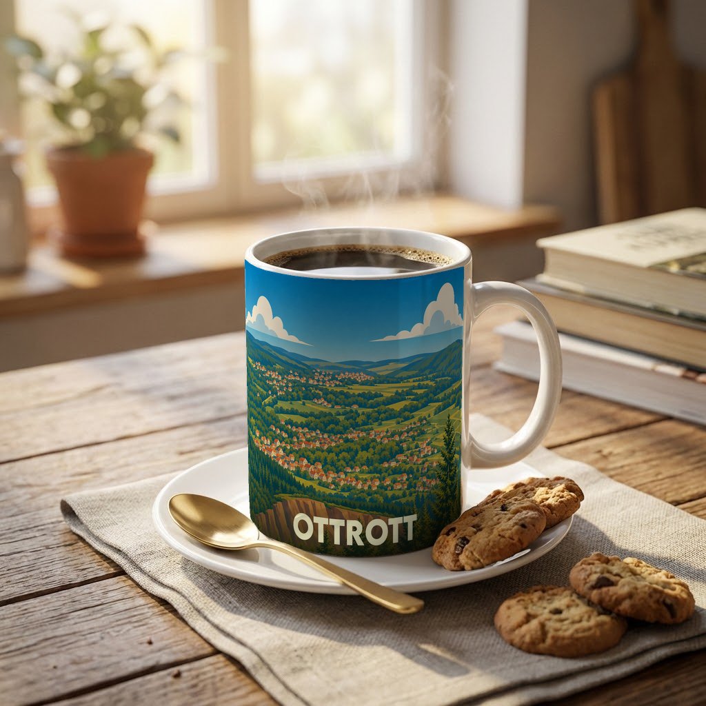 Mug souvenir de la ville d'Ottrott orné d'une illustration stylisée de ses paysages verdoyants.
