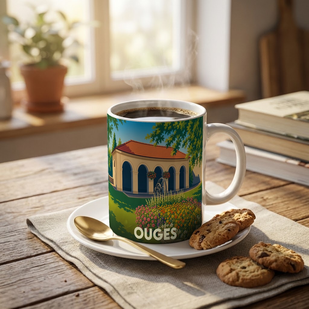 Mug souvenir de la ville de Ouges avec une illustration stylisée d'un bâtiment provençal et de jardins fleuris.