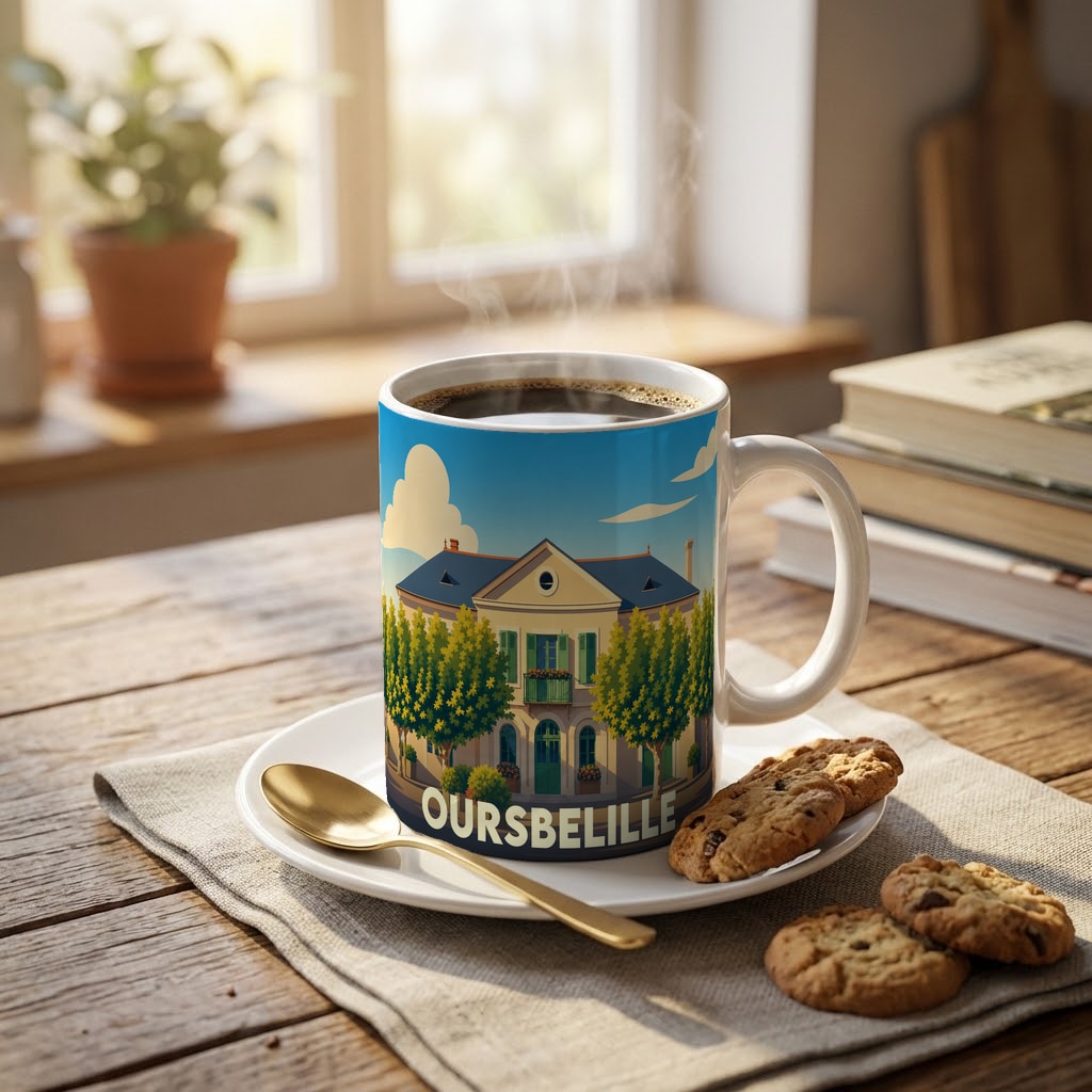 Mug souvenir de la ville d'Oursbelille illustré par une scène pittoresque de maison bourgeoise.