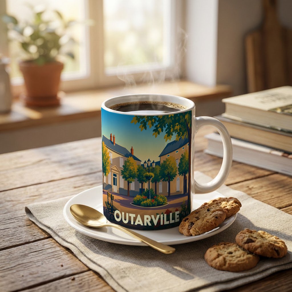 Mug souvenir de la ville d'Outarville orné d'une illustration stylisée représentant une place arborée.
