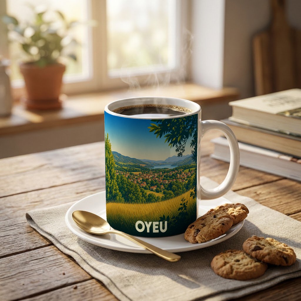 Mug souvenir de la ville d'Oyeu orné d'une illustration stylisée de son paysage vallonné.