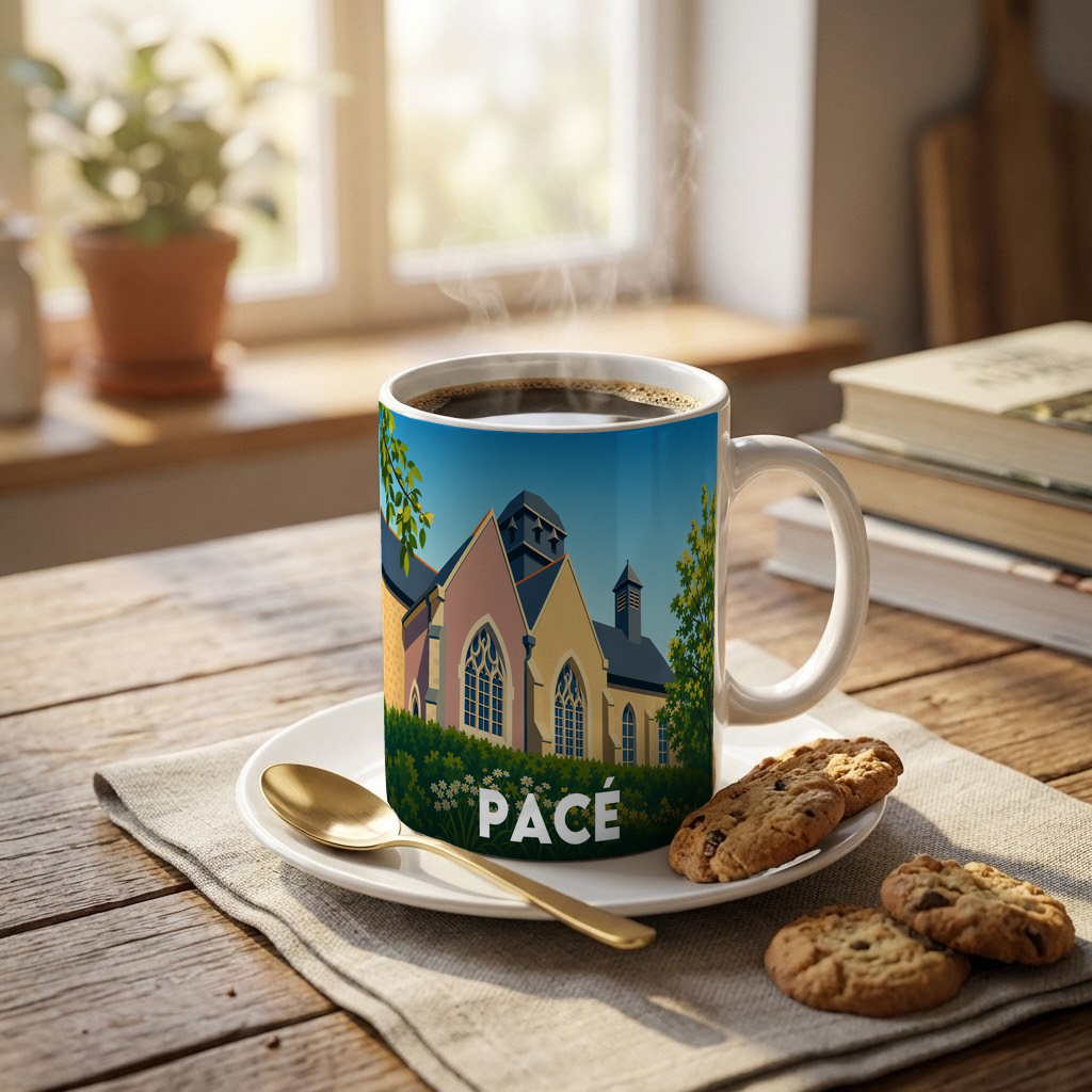 Mug souvenir de la ville de Pacé avec une illustration stylisée.