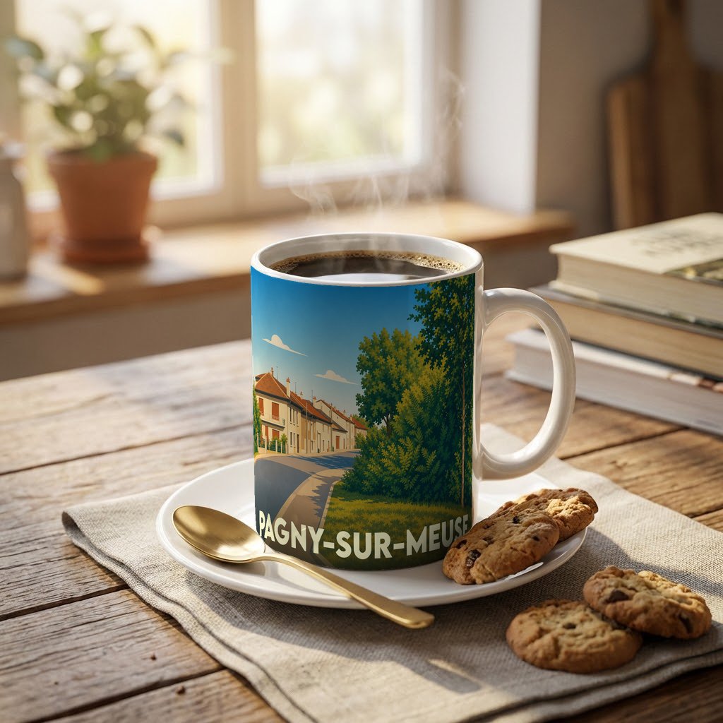 Mug souvenir de la ville de Pagny-sur-Meuse avec une illustration stylisée.