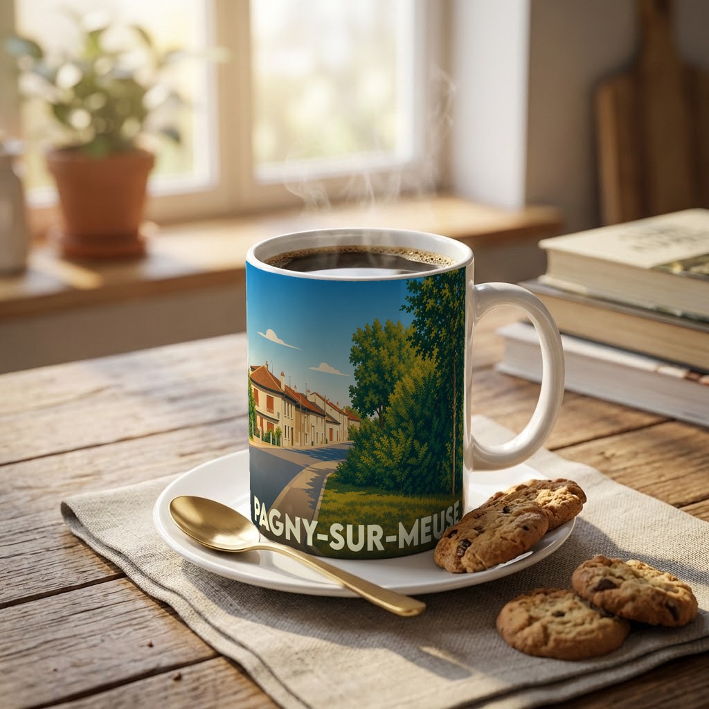 Mug souvenir de la ville de Pagny-sur-Meuse avec une illustration stylisée.