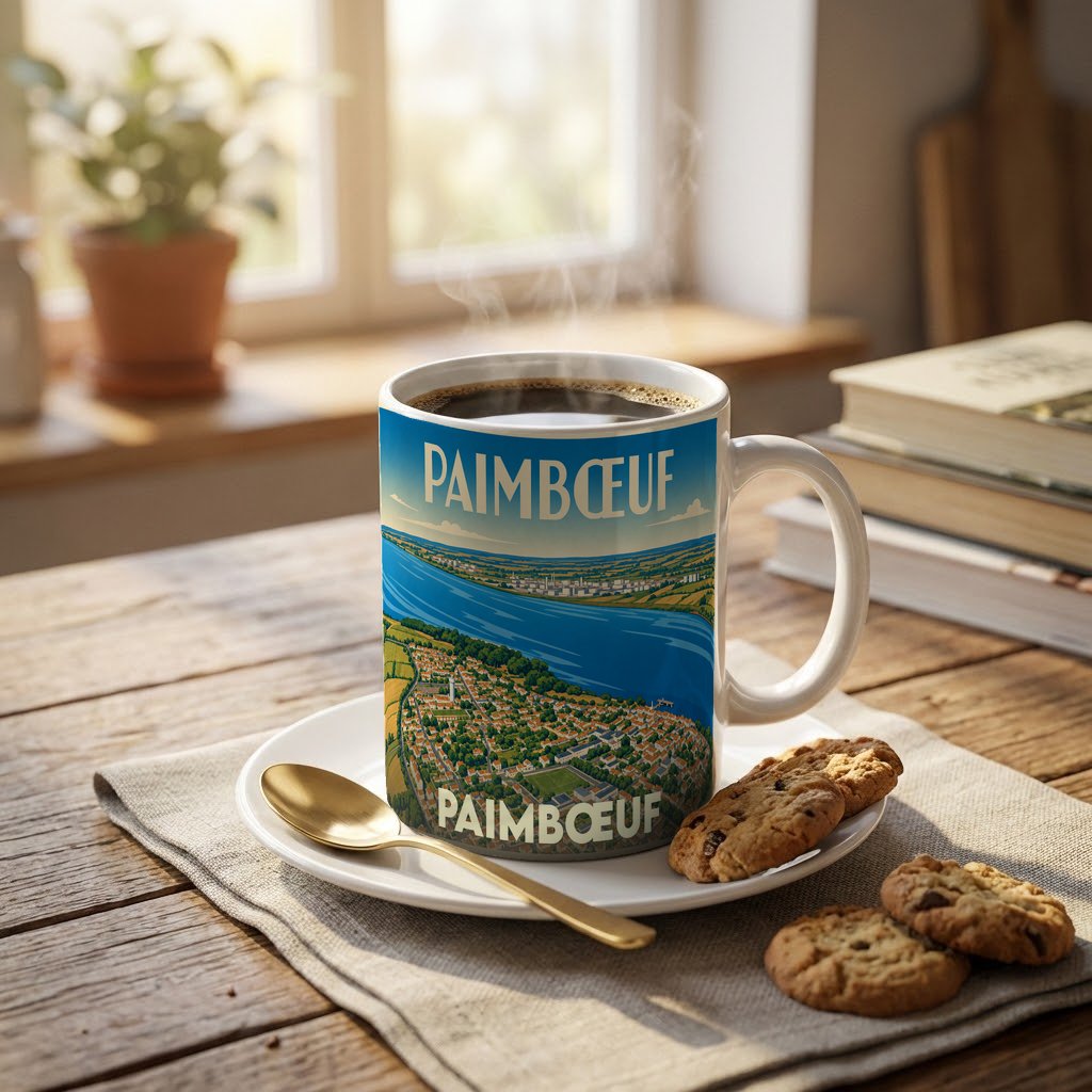 Mug souvenir de la ville de Paimbœuf orné d'une illustration panoramique colorée.