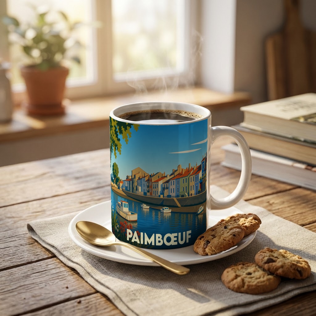 Mug souvenir de la ville de Paimbœuf orné d'une illustration stylisée de ses quais colorés.
