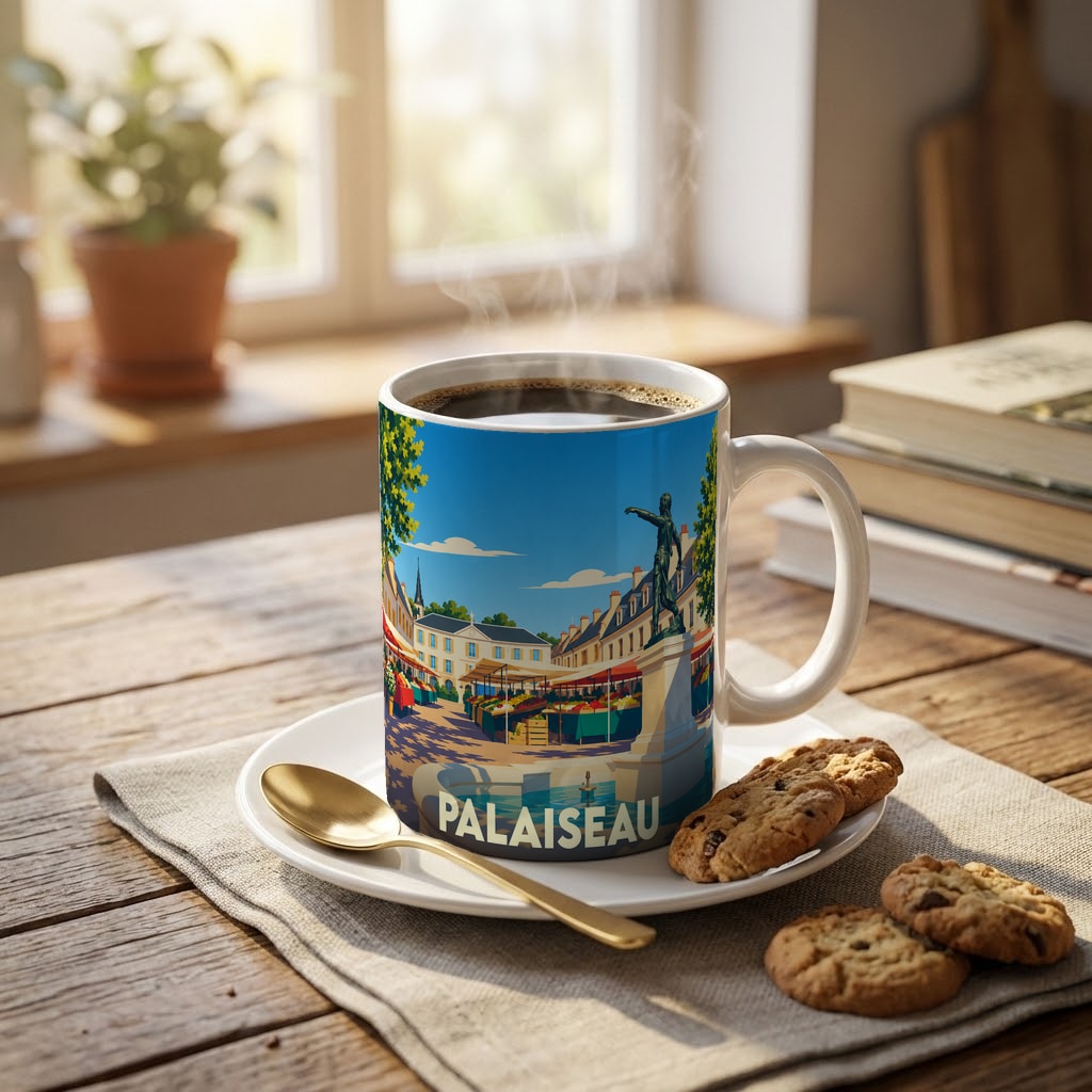 Mug souvenir de la ville de Palaiseau orné d'une illustration stylisée de son marché et de sa statue.
