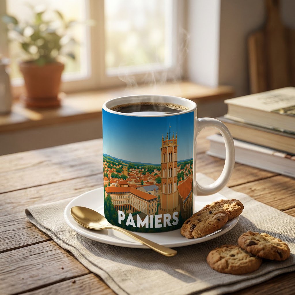 Mug souvenir de la ville de Pamiers avec une illustration stylisée de son paysage urbain et de son clocher.