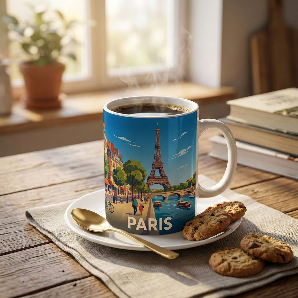 Mug souvenir de la ville de Paris avec une illustration stylisée de la tour Eiffel.