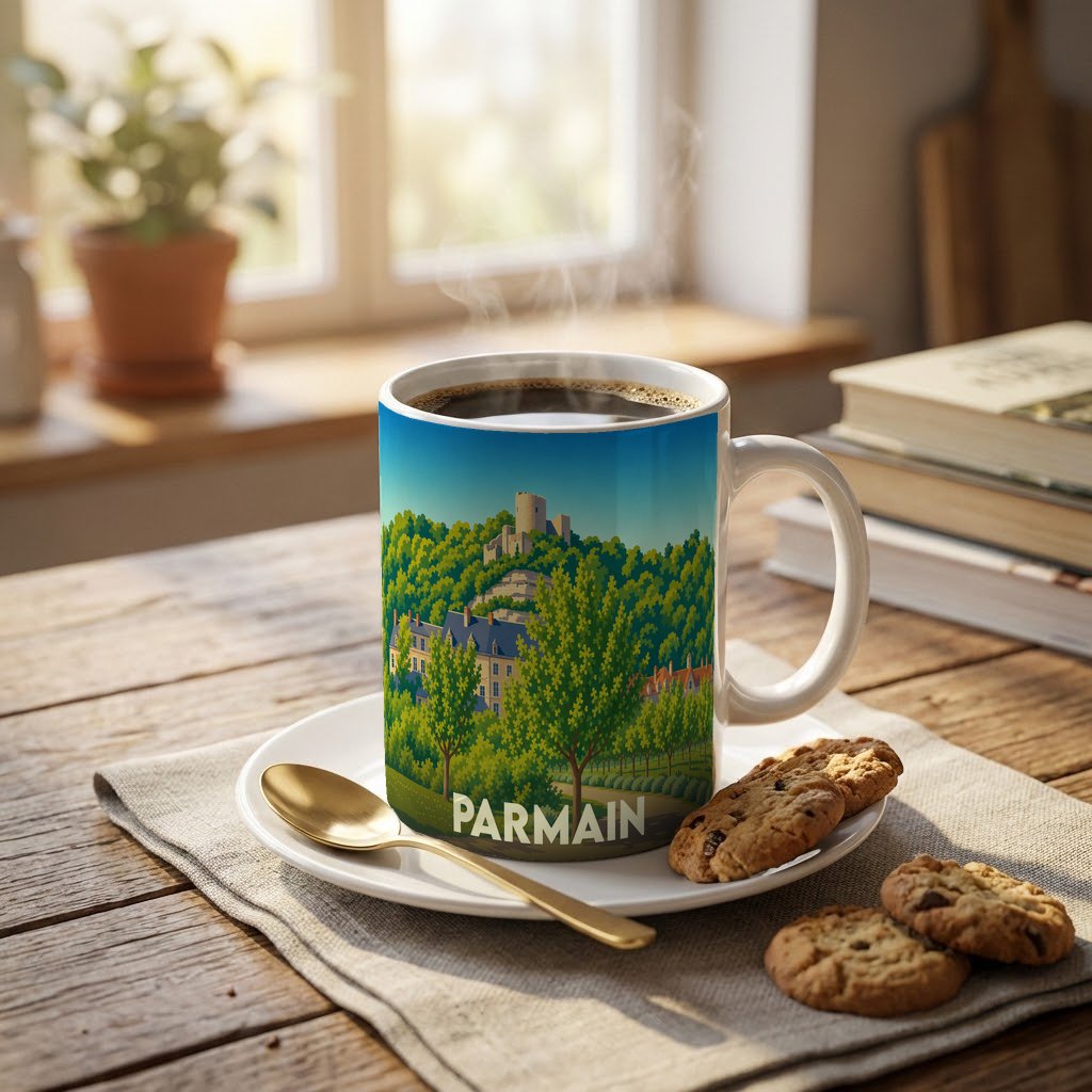 Mug souvenir de la ville de Parmain orné d'une illustration stylisée de son paysage et de ses monuments.