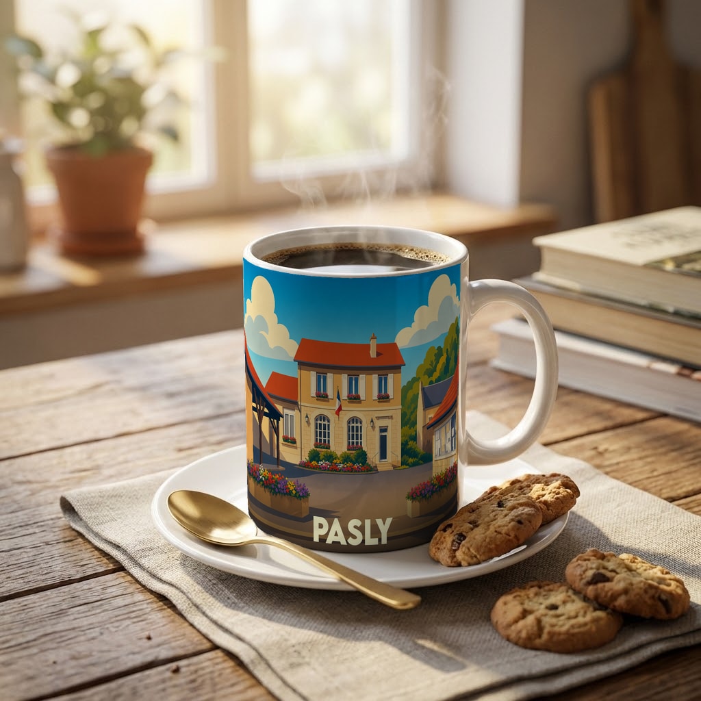 Mug souvenir de la ville de Pasly avec une illustration stylisée d'un paysage urbain.