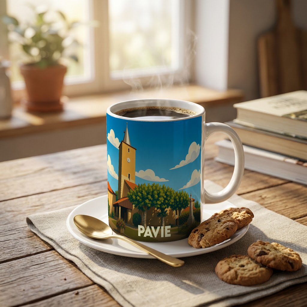 Mug souvenir de la ville de Pavie avec une illustration stylisée d'une église et de la végétation.