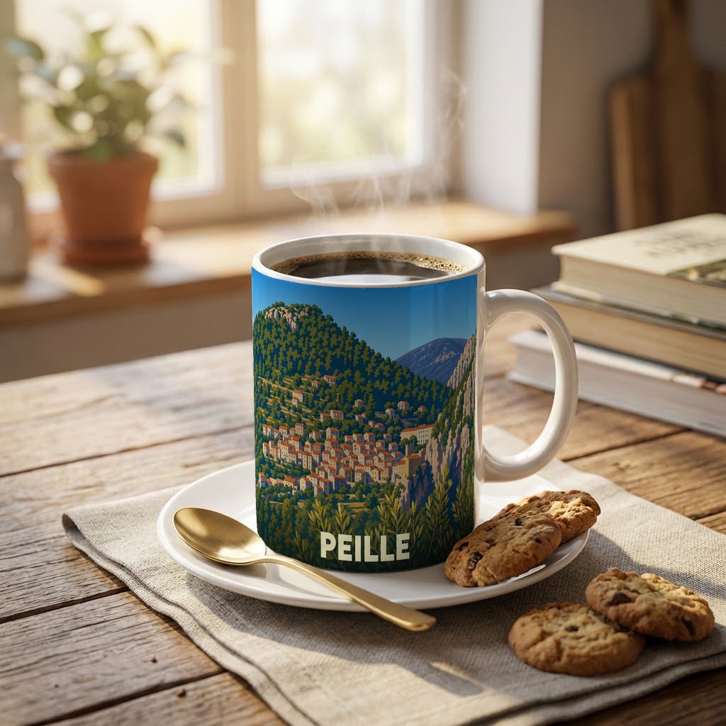 Mug souvenir de la ville de Peille illustré d'un paysage montagneux stylisé.