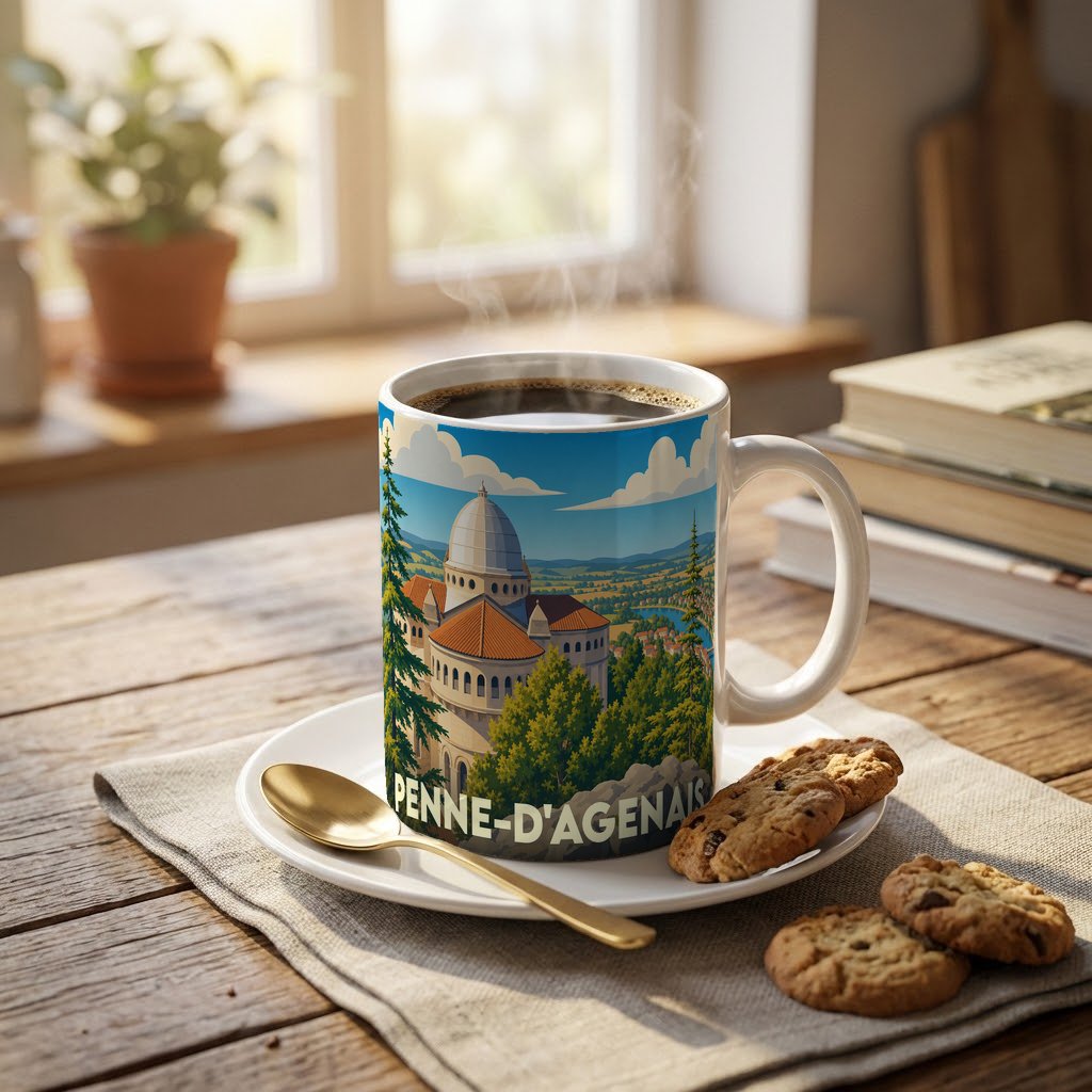 Mug souvenir de la ville de Penne-d'Agenais avec une illustration stylisée de sa basilique.