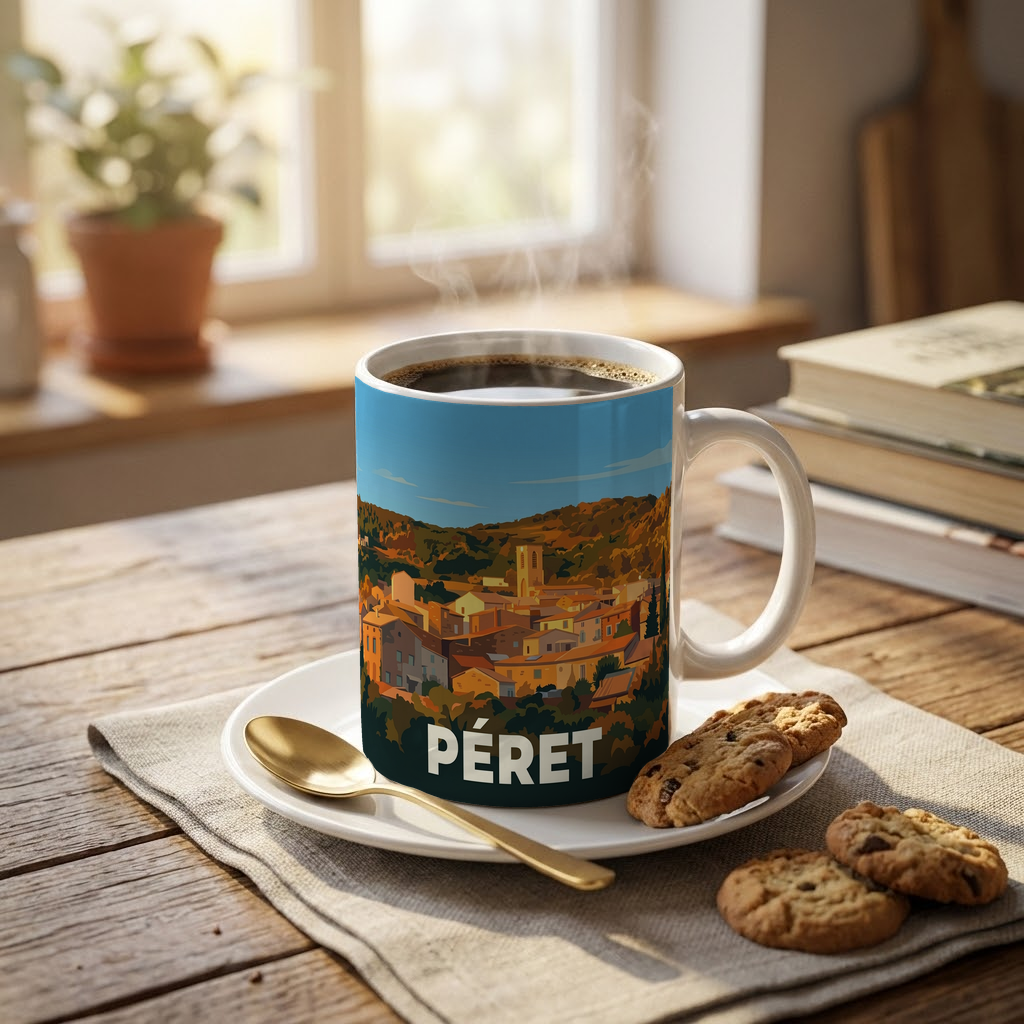 Mug souvenir de la ville de Péret avec une illustration stylisée du village.