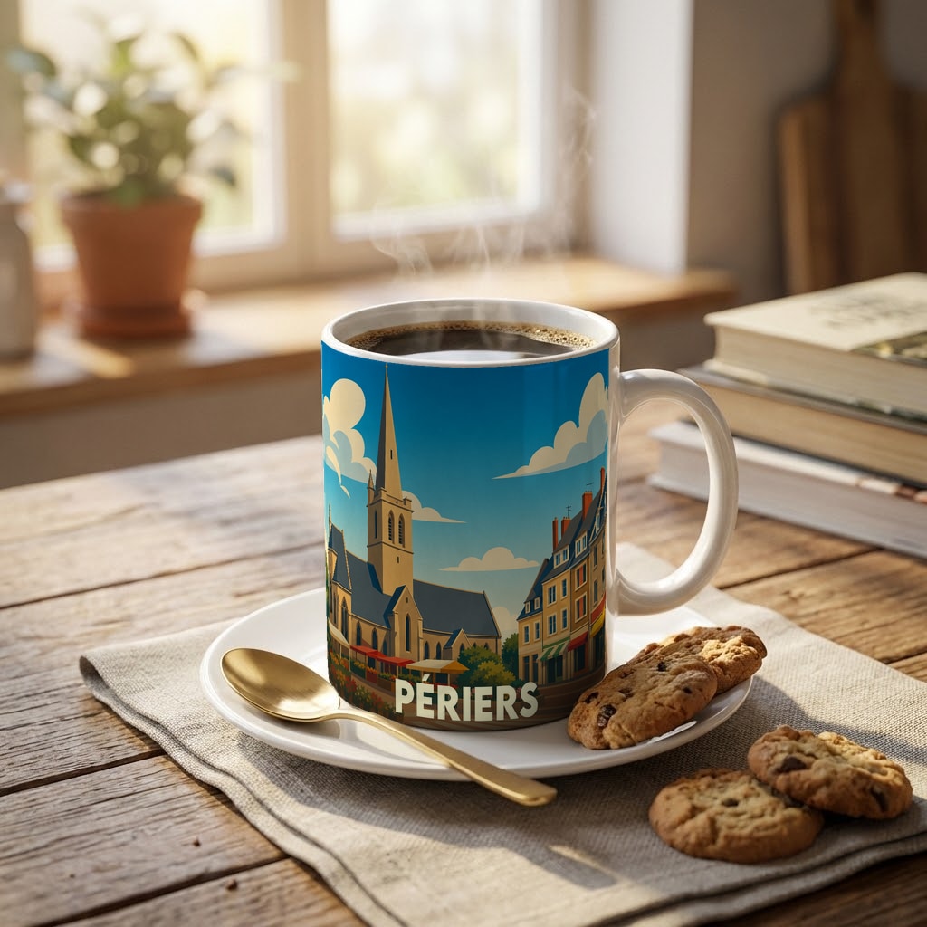 Mug souvenir de la ville de Périers avec une illustration stylisée d'une église et de bâtiments locaux.
