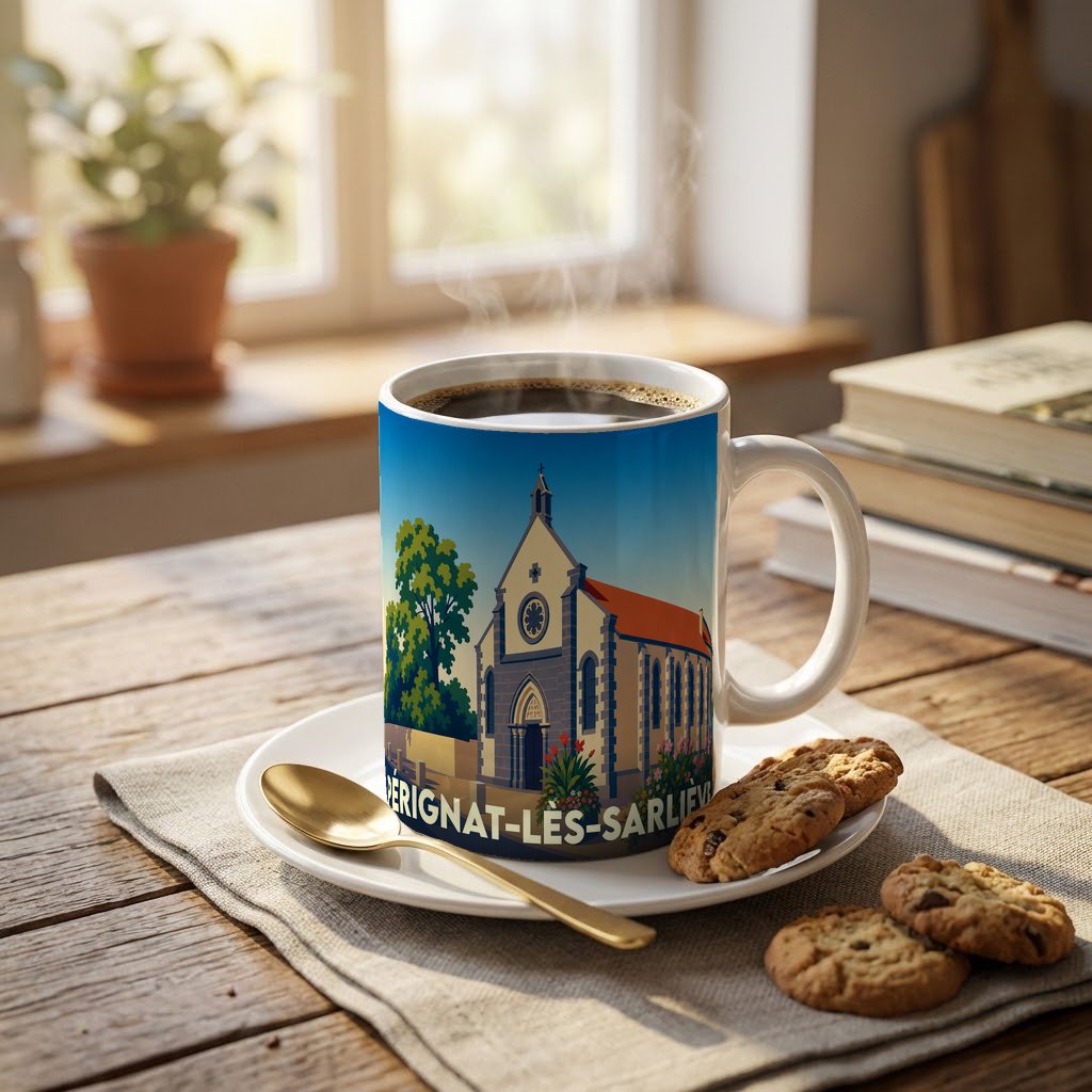Mug souvenir de la ville de Pérignat-lès-Sarliève avec une illustration stylisée de son église.