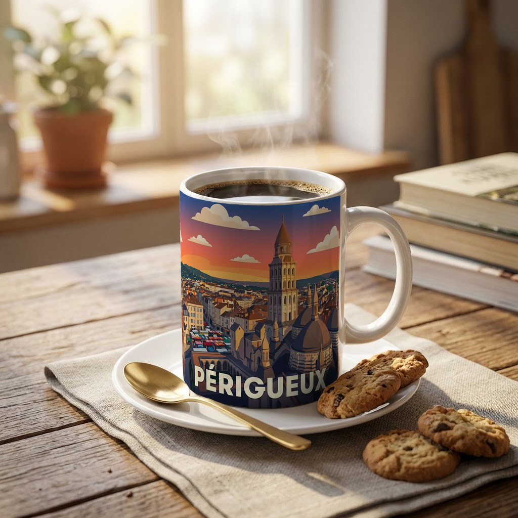 Mug souvenir de la ville de Périgueux avec une illustration stylisée.