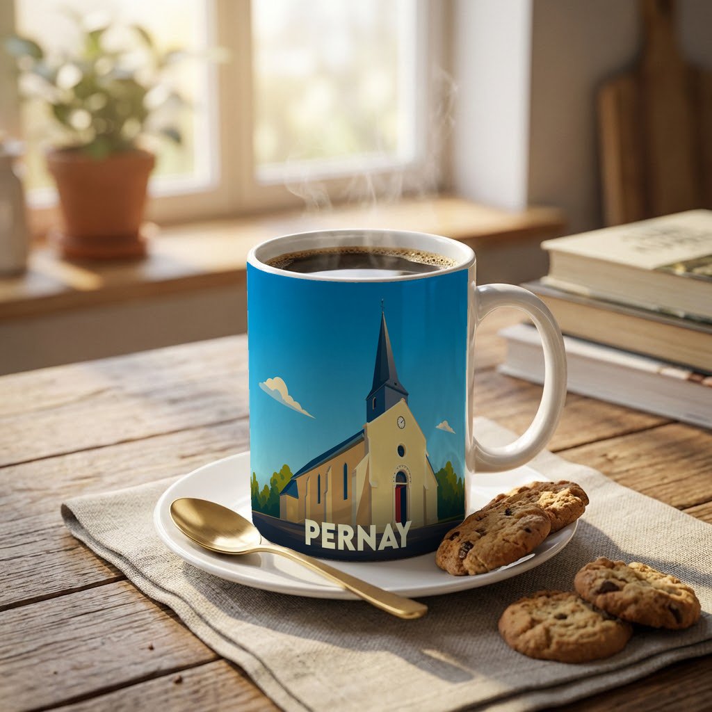 Mug souvenir de la ville de Pernay orné d'une illustration stylisée de son église.