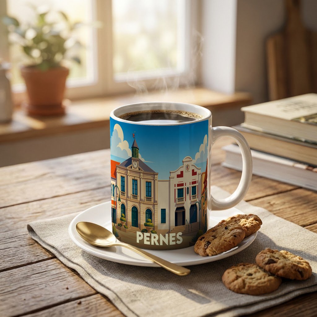 Mug souvenir de la ville de Pernes avec une illustration stylisée de son architecture.
