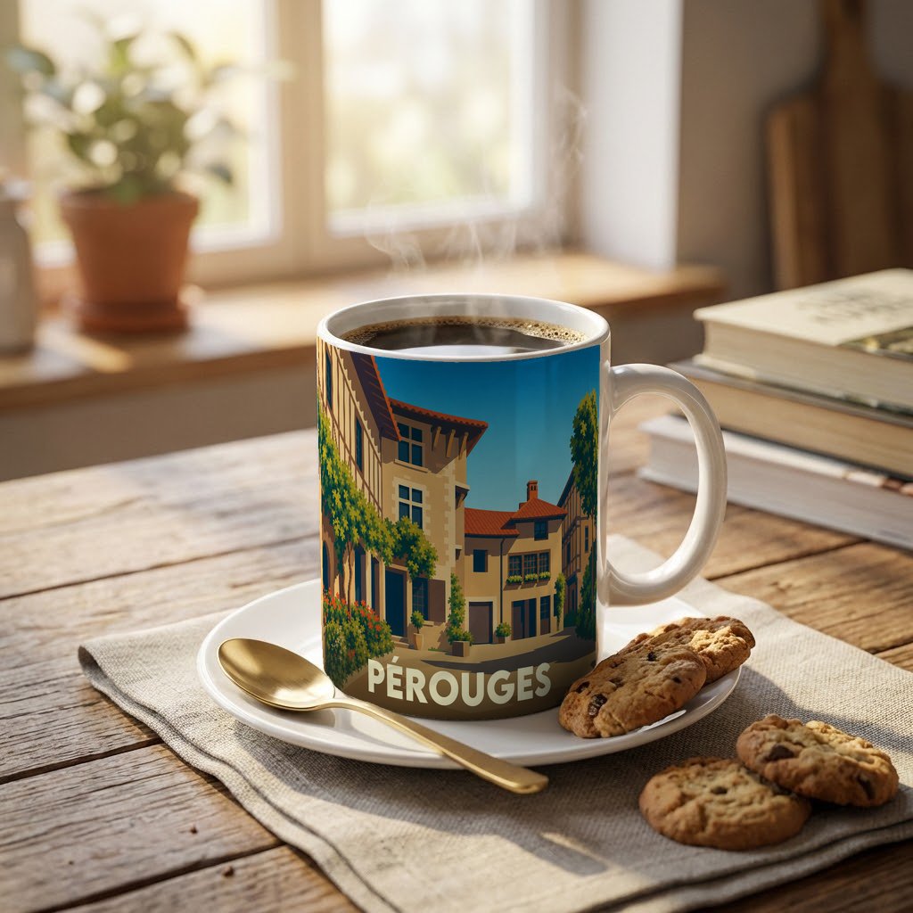 Mug souvenir de la ville de Pérouges avec une illustration stylisée et colorée de ses maisons médiévales.