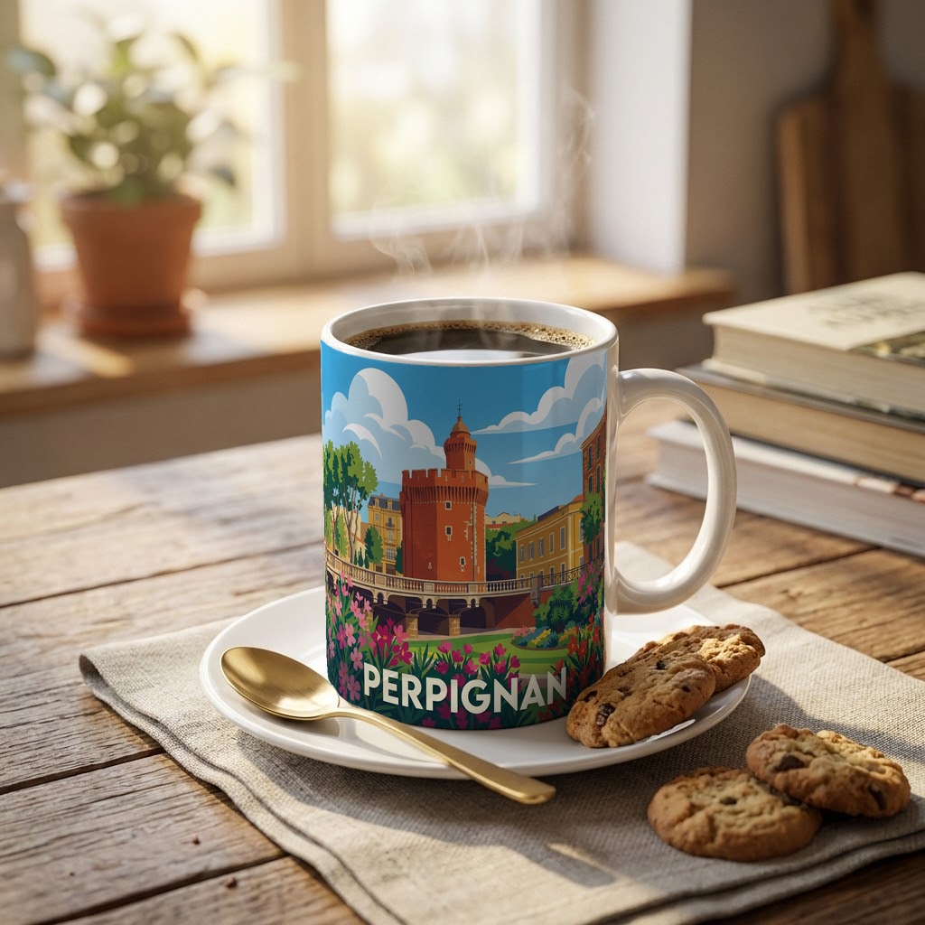 Mug souvenir de la ville de Perpignan avec une illustration stylisée.
