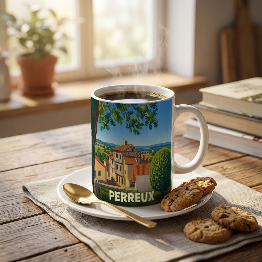 Mug souvenir de la ville de Perreux illustré d'un paysage urbain pittoresque et coloré.