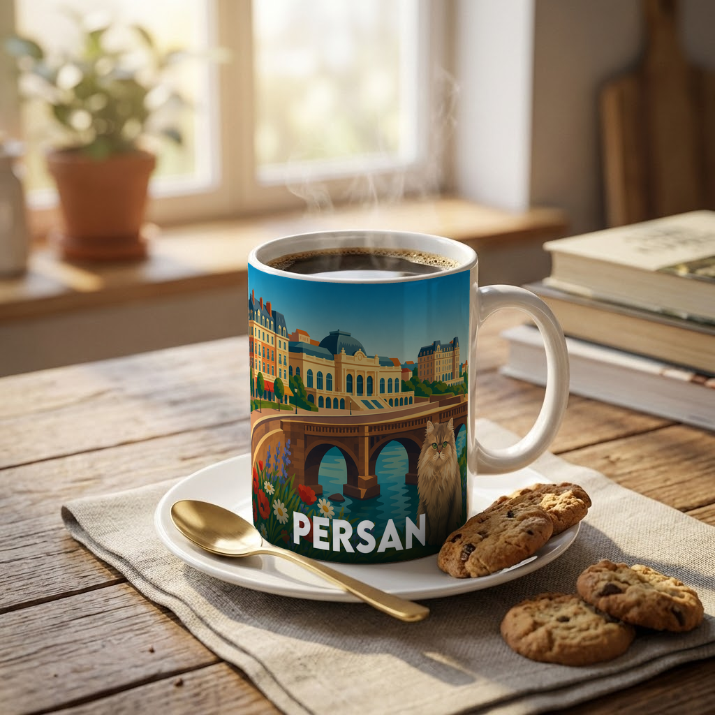 Mug souvenir de la ville de Persan orné d'une illustration stylisée représentant un pont, des monuments et un chat.
