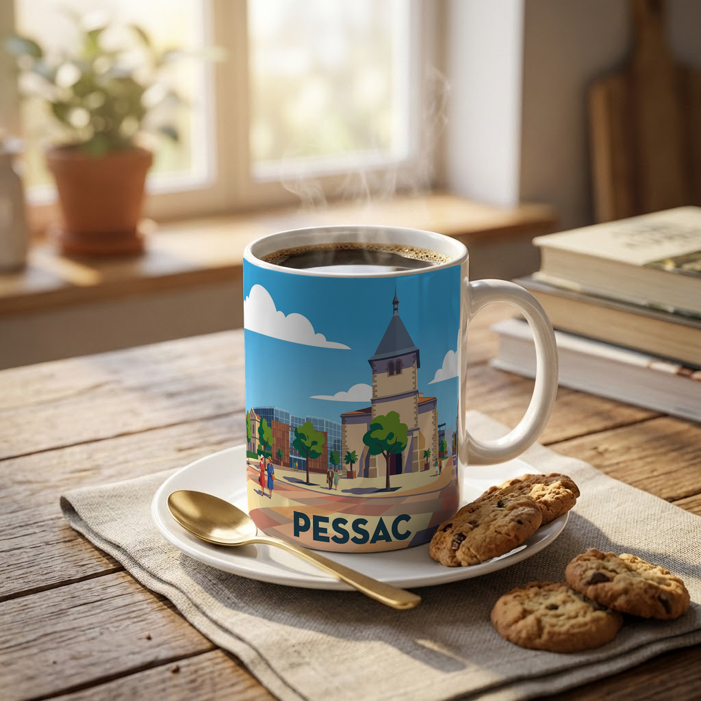 Mug souvenir de la ville de Pessac avec une illustration stylisée.