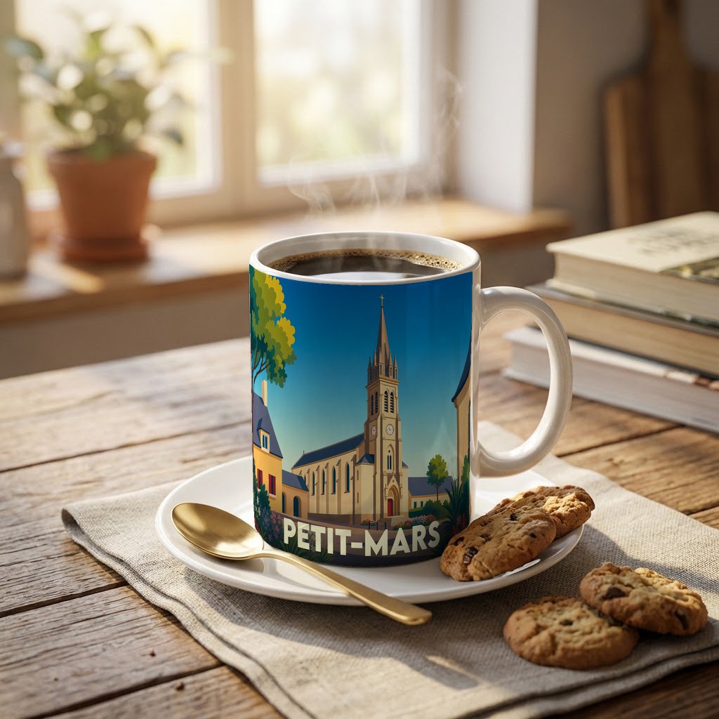 Mug souvenir de la ville de Petit-Mars illustré par un dessin stylisé de son église.