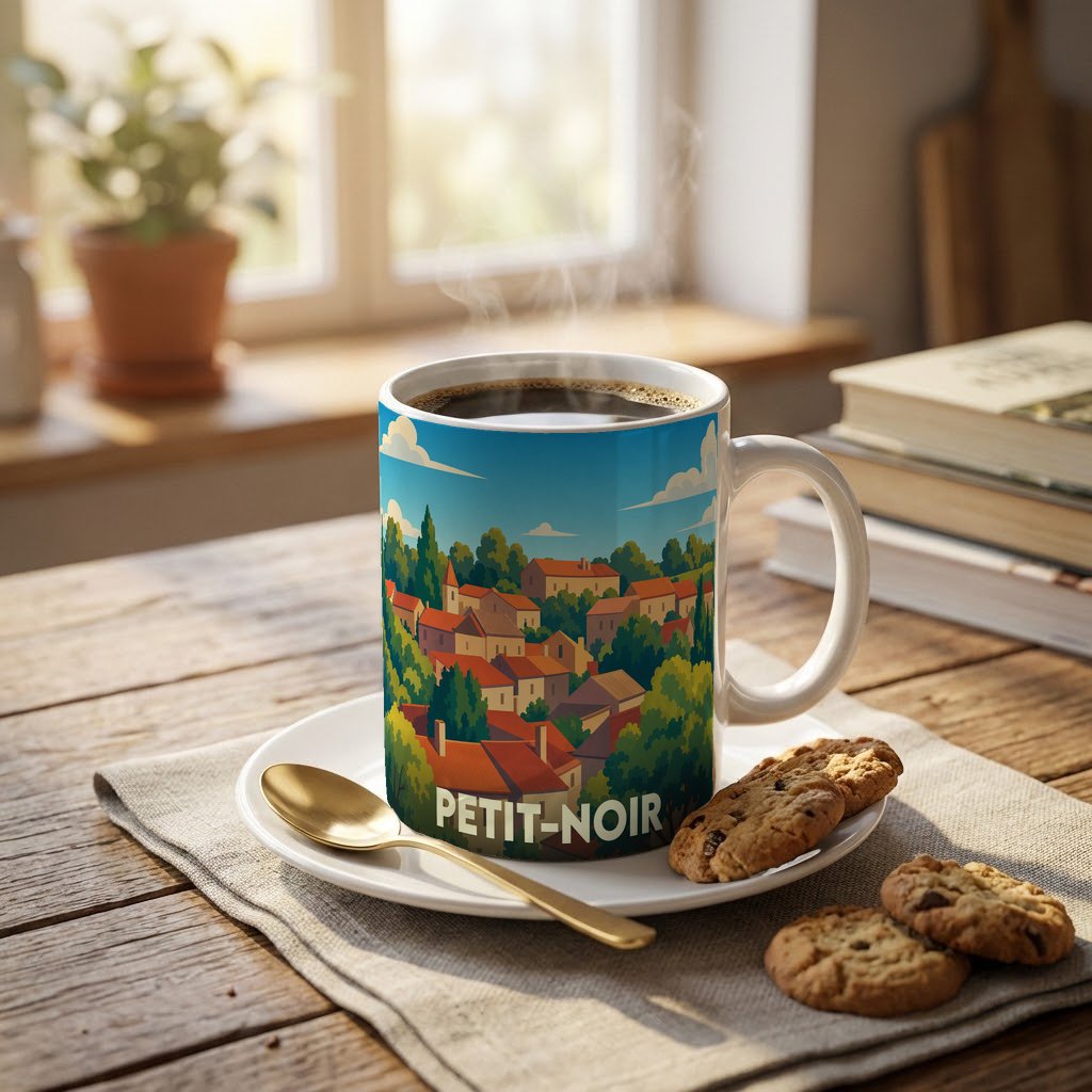 Mug souvenir de la ville de Petit-Noir orné d'une illustration stylisée de ses toits et de sa végétation.